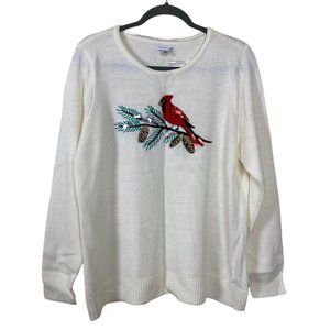 NWT Croft and Barrow Sweater Cardinal Bird Embroidered Sequin Women XXL Ivory